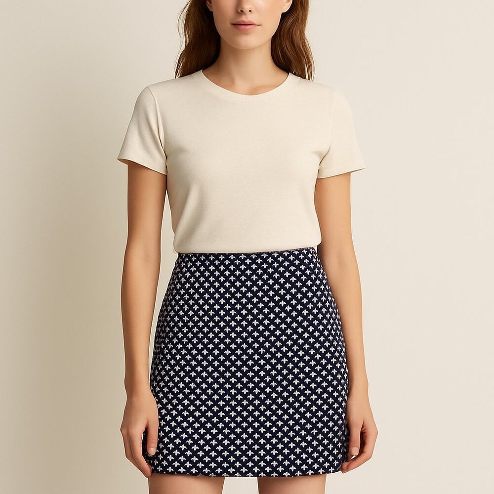 Ann Taylor Navy & White Geometric Print Skirt | Size 4 | Side Zip Office Mini